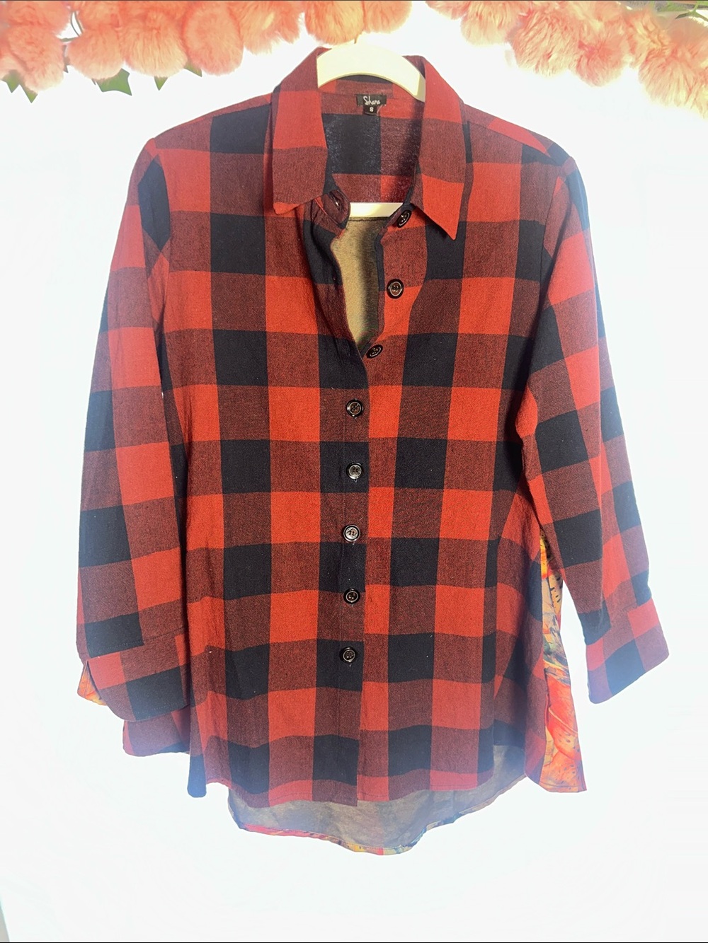 SHANE Red and Black Plaid Button-Up Shirt with design on back